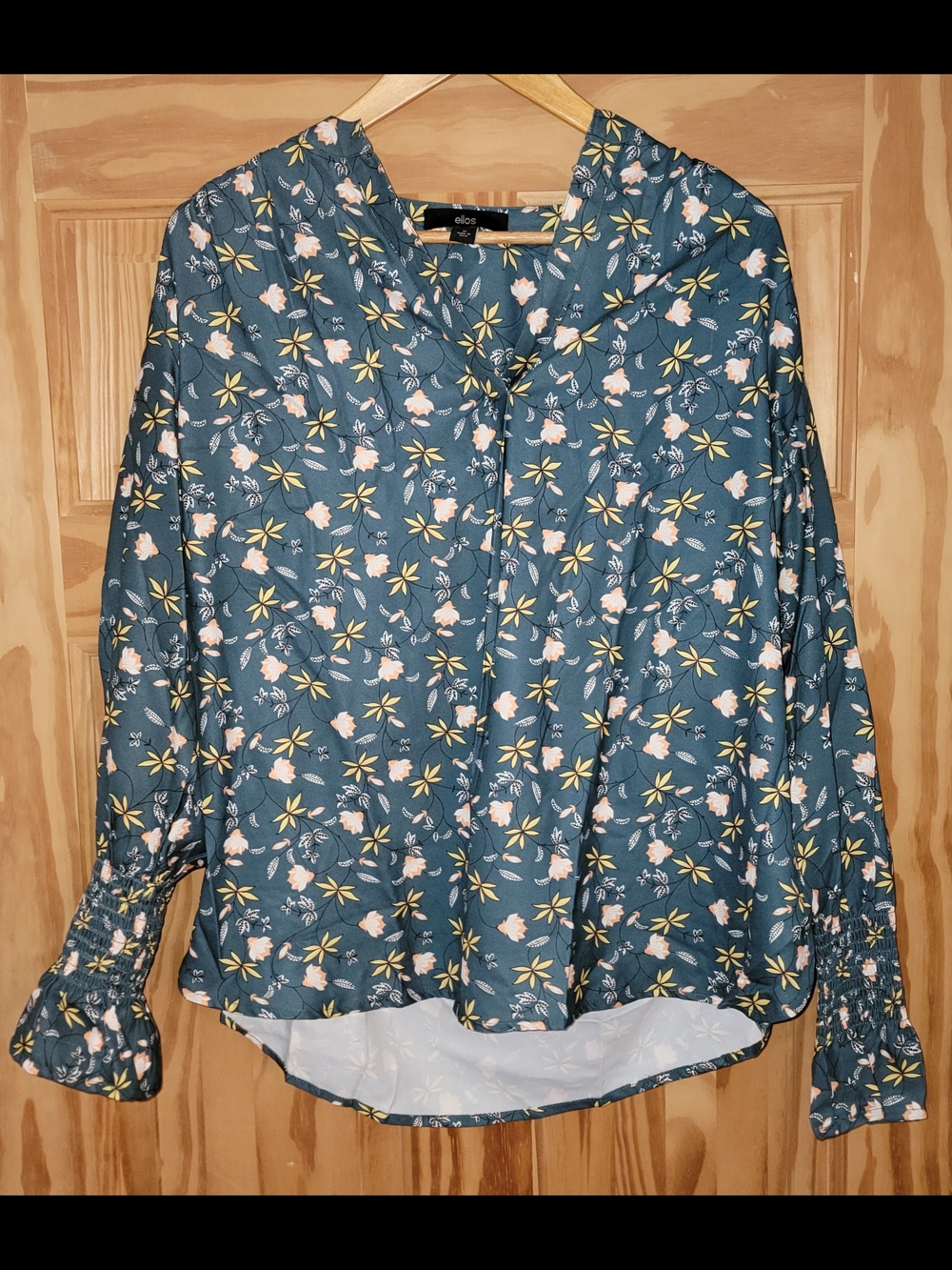 ellos Teal Floral V-Neck Long-Sleeve Blouse - Size 12